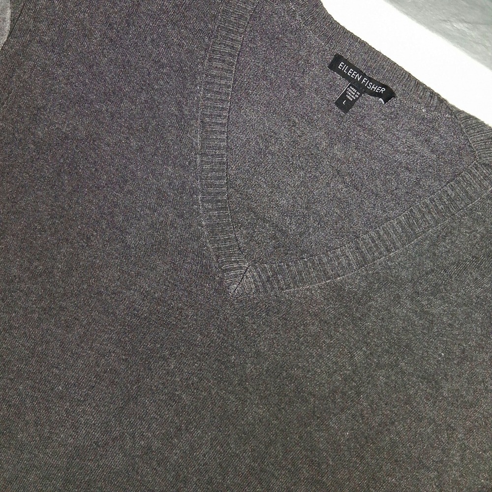 Eileen Fisher Sweater V-Neck Gray Wool Blend Knit Long Sleeve Womens